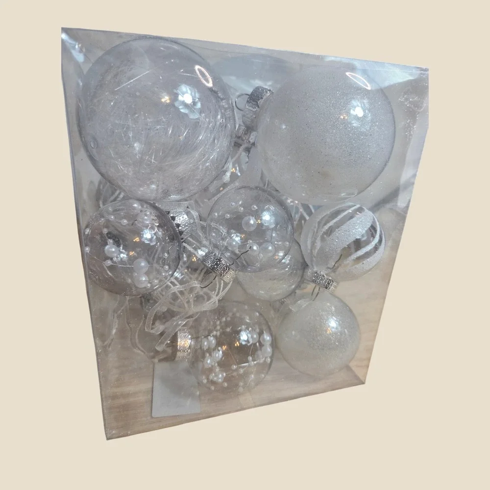 Acrylic Christmas Ball Ornaments White Clear Pearl Glitter Set of 12 Holiday